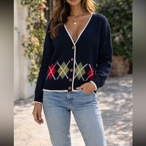 Daniel Navy Argyle Button-Up Sweater with Contrast Trim